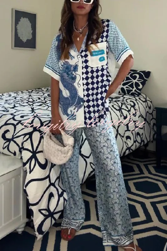 Unique Dragon Print Short Sleeve Loose Shirt and Elastic Waist Pocket Pants Silk Satin Set-- Ribbed Striped Patterned