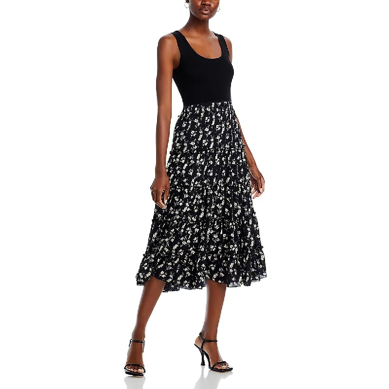 Womens Floral Print Ruffled Fit & Flare Dress Crew Neckline Casual