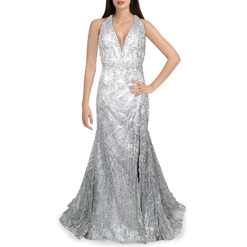 Mac Duggal Womens Sequined Maxi Evening Dress Crew Neckline Sporty