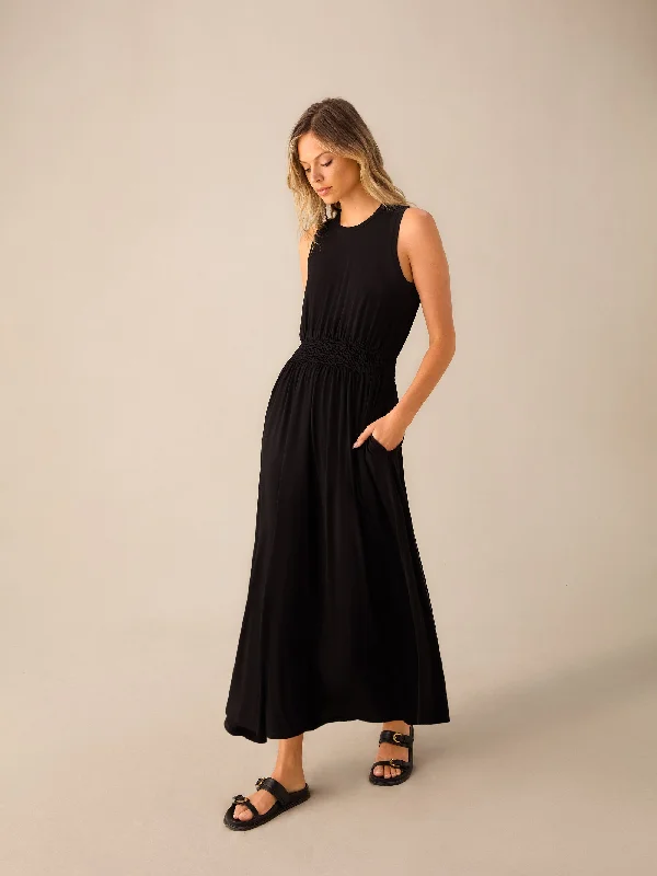 Black Jersey Shirred Waistband Dress Halter Neckline Beach