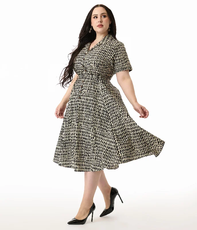 Royal Monk Plus Size Cream & Black Scalloped Stripes Cotton Swing Dress Elegant Long Evening