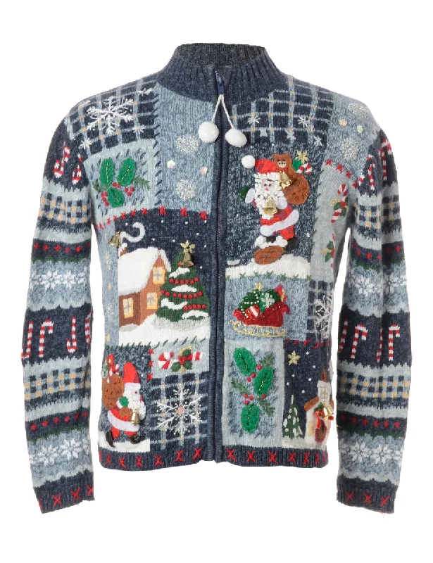 Label Christmas Cardigan With Bells Welt Pockets Slit Pockets Flap Pockets