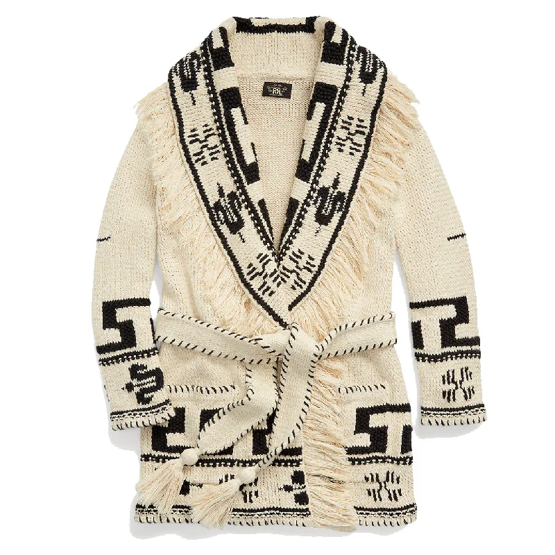 RRL by Ralph Lauren Womens Indigo Patchwork Shawl-Collar Cardigan Brown Multi Toggled Drawstring Belted