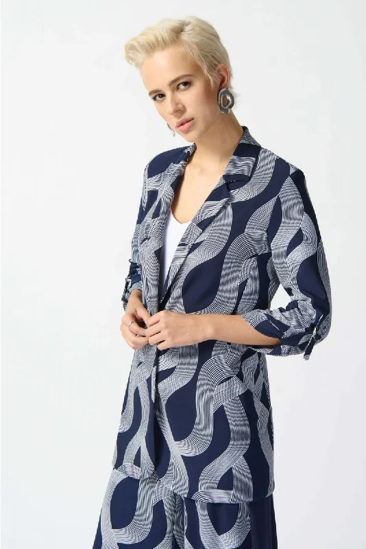 Joseph Ribkoff Midnight Blue/Vanilla Wavy Stripes Longline Blazer Jacket 242198 Herringbone Jacket Houndstooth Jacket Plaid Jacket