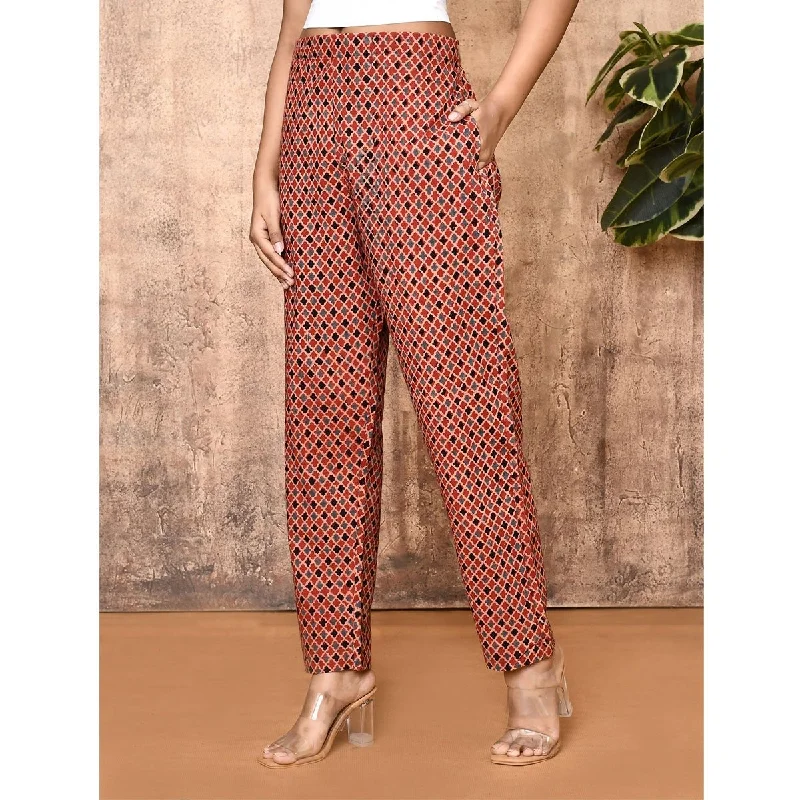 Kriti Red Ajrakh Hand Printed Cotton Pants Elegant High-Waist Pants
