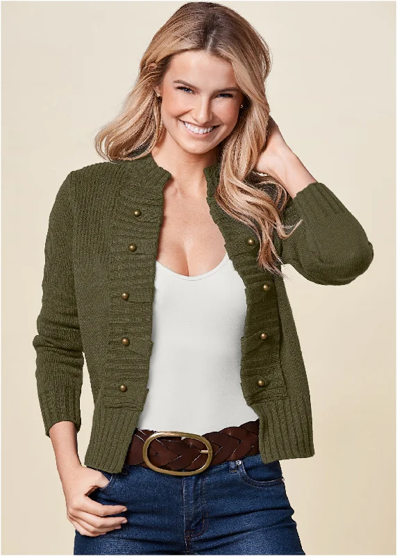 Tab Button Detail Cardigan - Olive Notch Collar Peter Pan Collar Cowl Neck