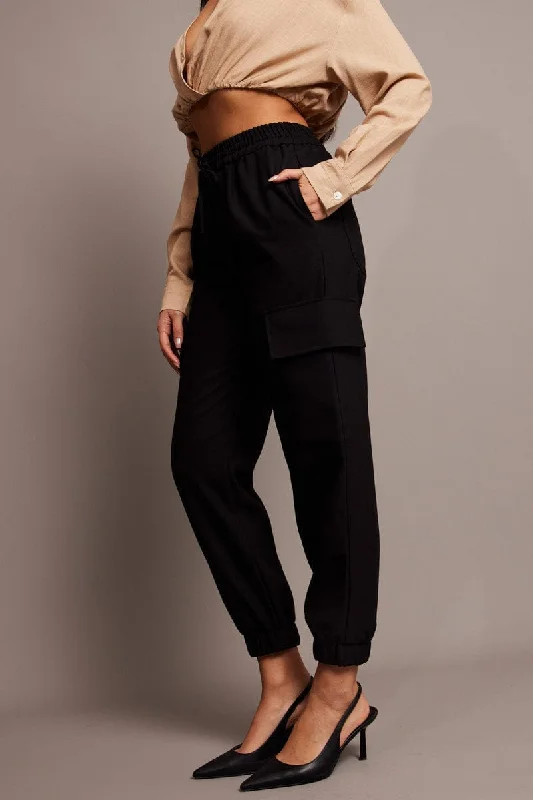 Black Slim Pants Elasticated Hem Comfy Cargo Trousers
