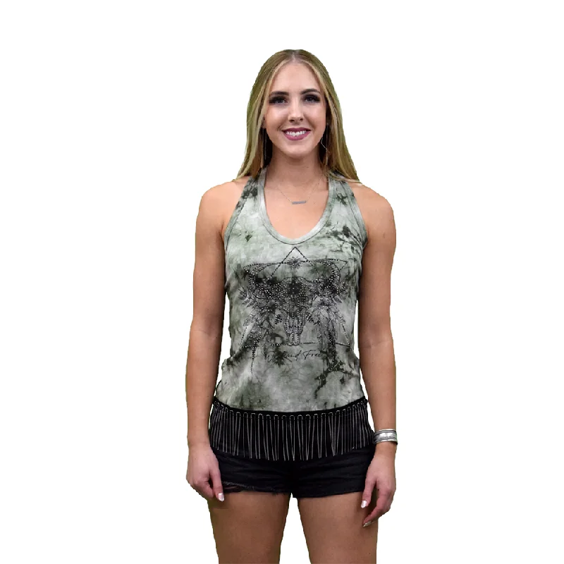 Liberty Wear Ladies Wild and Free Fringe Olive Tie Dye Tank Top 7722 spandex blend tank