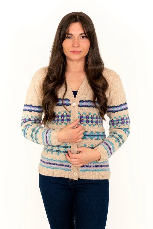 Womens Craigievar V-neck Fair isle Cardigan - Wheat Zippered Buttoned Snapped