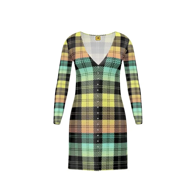 Picture Plaided 01-01 Designer V-neck Cardigan Mini Dress Iron Safe Non-Iron Wrinkle Free