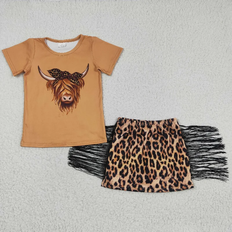 GSD0301 Girls Alpine Short Sleeve Leopard Print Fringe Skirt Set asymmetrical skirt cut