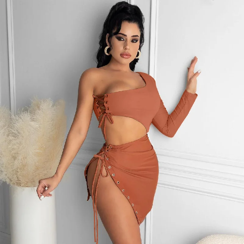 Sexy Casual Corns Lace-up Skirt Set Two Piece Set Crisscross wool skirt sturdy