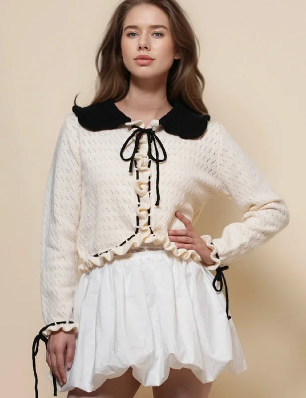 Ladies Peter Pan Collar Long Sleeves Knit Cardigan SKT50164 Lace Blend Ribbed Blend Corduroy Blend