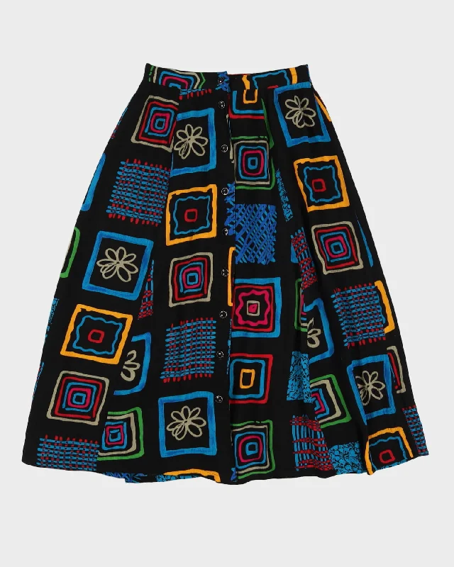 00s Black Graphic Patterned Rayon Skirt - S ruffled skirt detail