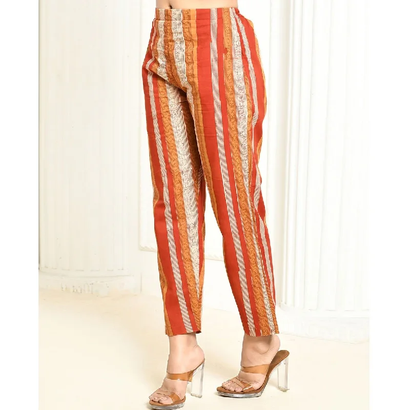 Amora Red Handprinted Women's Cotton Pant Trendy Wide-Legged Trousers