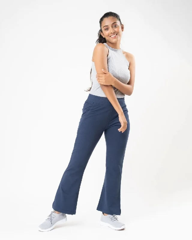 100% Organic Cotton Blue Flared Bottom Athleisure Pant For Women Cozy Lounge Pants