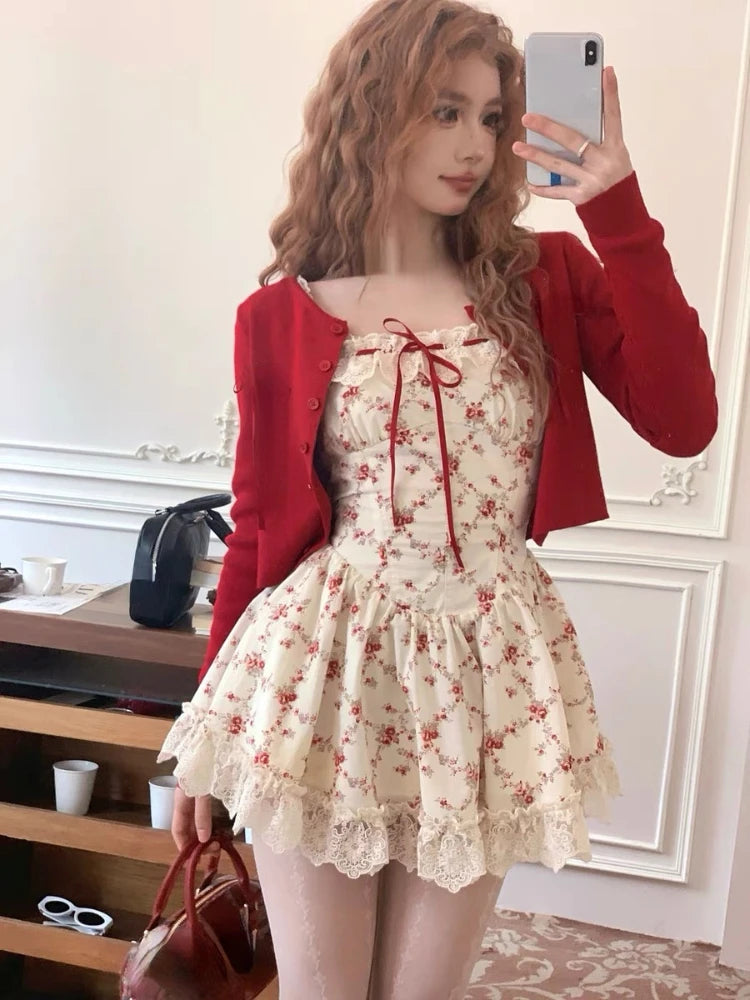 New Sweet Floral Dress Set Woman Casual Red Short Cardigan Elegant Lace Y2k Mini Dress Beach Korean Fashion Clothing Suit Cotton Fabric Linen Fabric Terry Fabric
