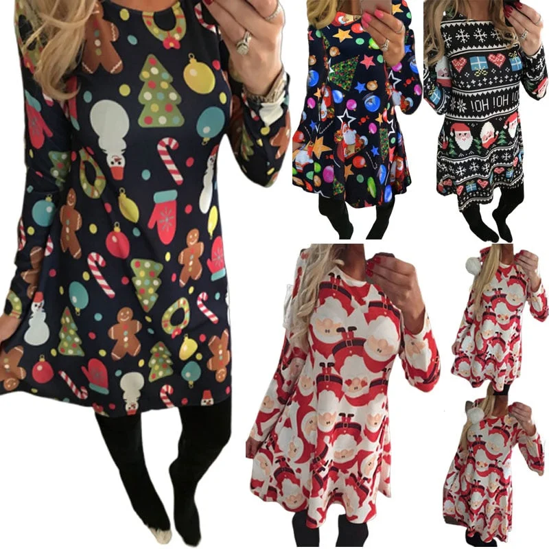 Autumn Winter Christmas Dress New Year Festival Family Party Dress Women Snowflake Print  Long Sleeve Vestidos Plus Size S-5xl Peplum Ruffle Cocktail