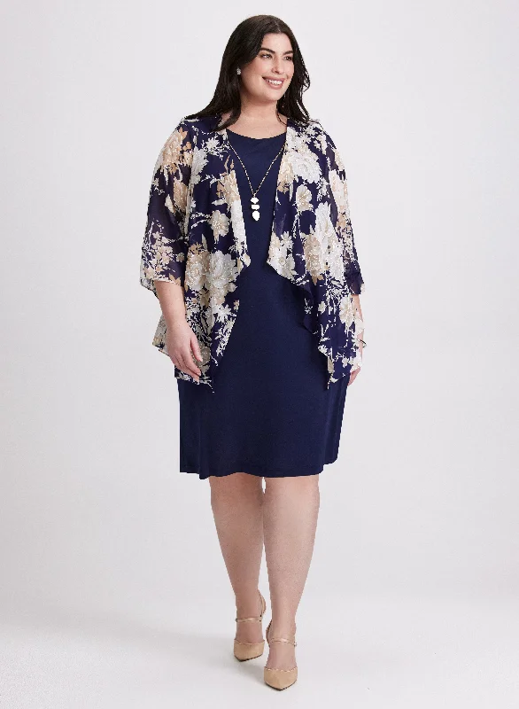 Dress, Floral Cardigan & Necklace Set Transparent Opaque Sheer