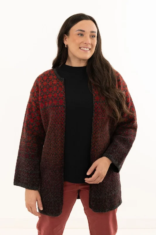 Womens Fair isle Long Kimono Cardigan / Coatigan - Red Fitted Loose Oversized