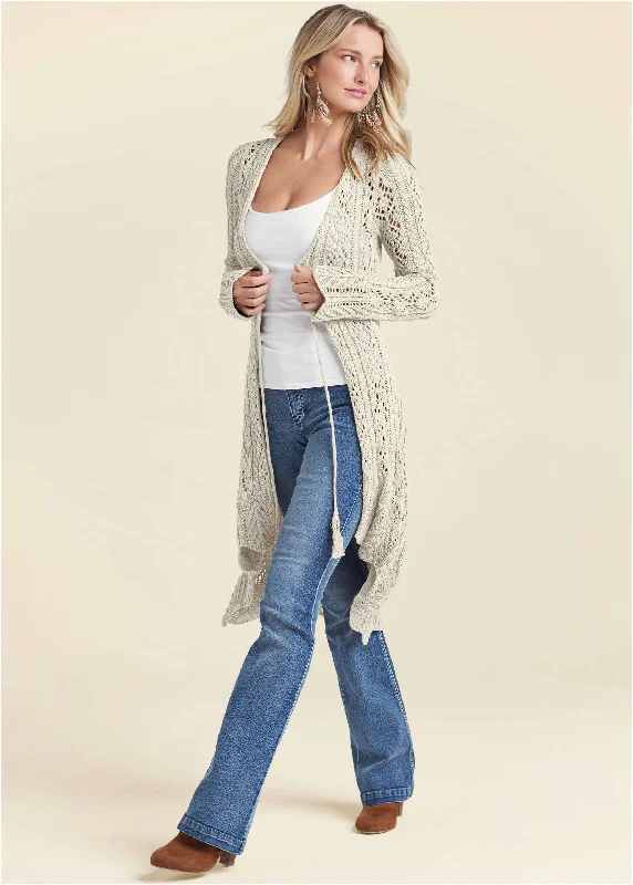 Long Tie Front Crochet Cardigan - Cream Velvet Chenille Corduroy