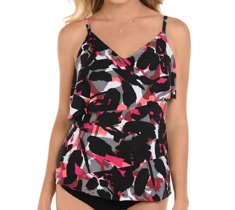 Chloe Layered Tankini Top In Black White Chic Beach Cover-Up