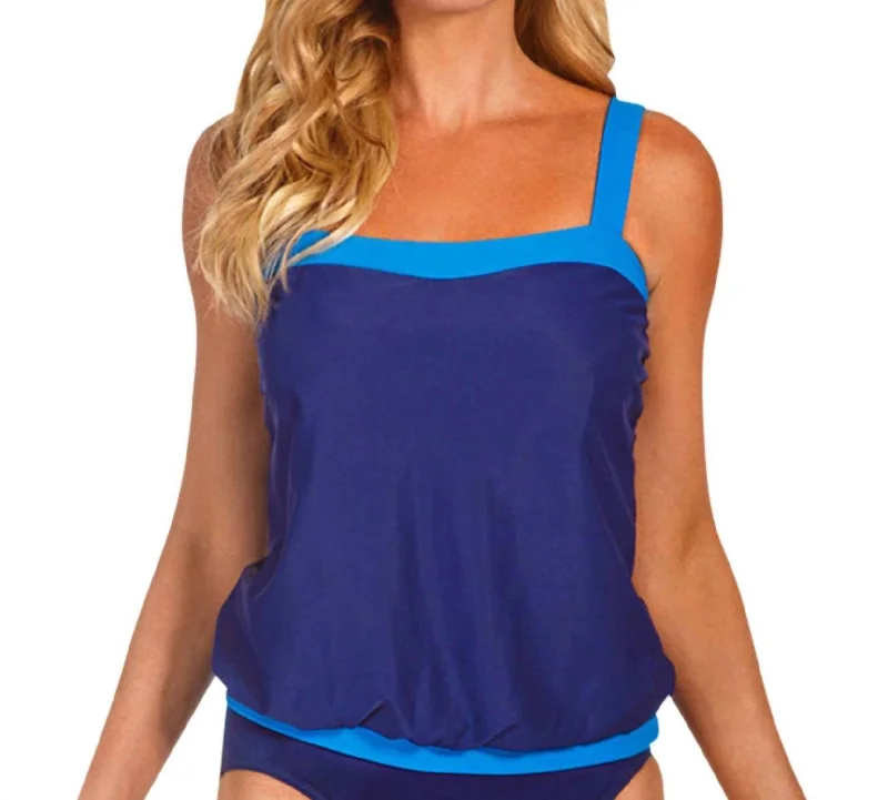 D-Cup Breezy Tankini Top In Blue Elegant Ruffled Bikini